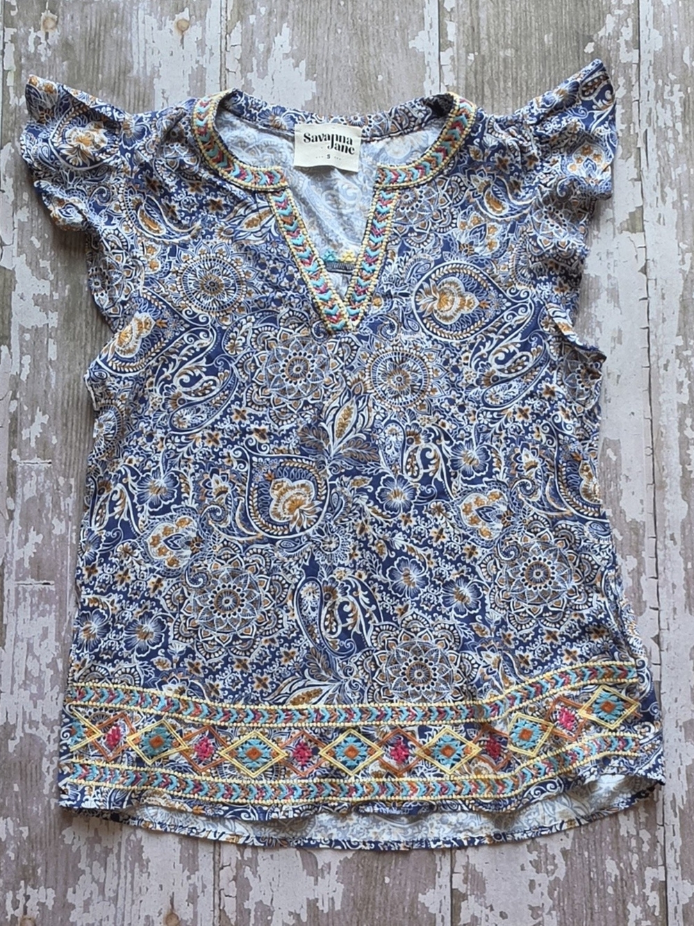 Savanna Jane Blue Paisley Embroidered V-Neck Tunic Top Small